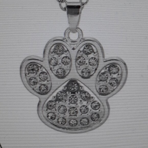 Paw Print Cat Dog Crystal Rhinestones Silver Paw Pendant Necklace NEW - Picture 3 of 16